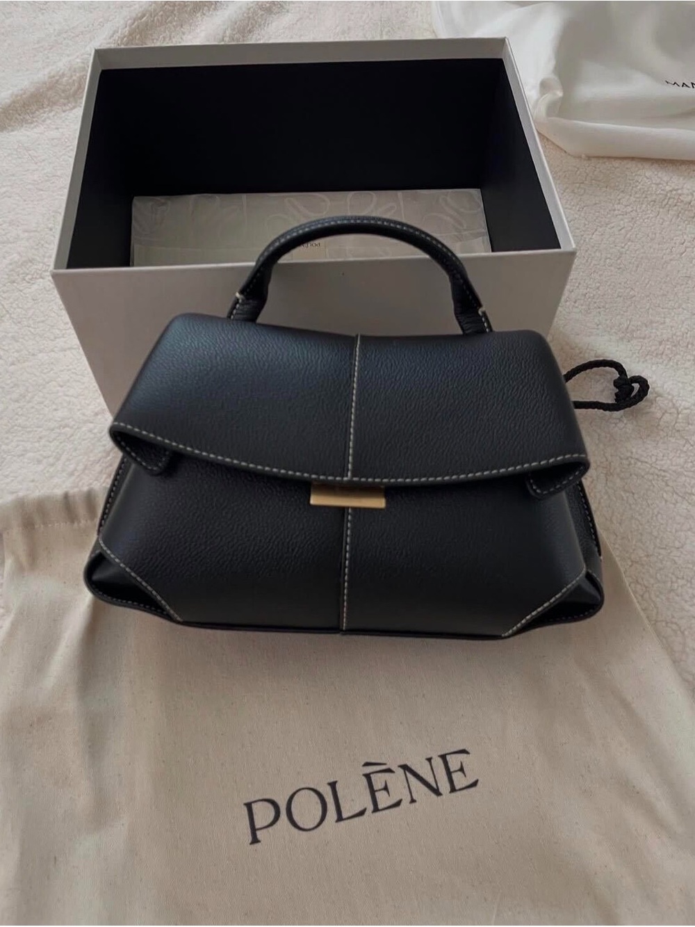 POLÈNE Mokki Black Grained Leather Top Handle Bag